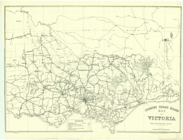 Athe 1917 Coutry Roads Board Map of Victoria identifying the shires, the main roads and the railways.